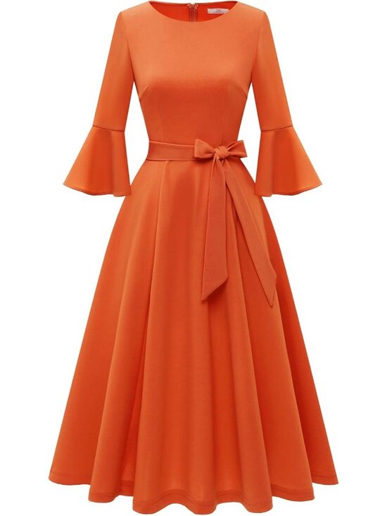 Dresses & Skirts - Women's Orange Boat Neck Modest Sleeve Cocktail Bodycon Maxi Dress